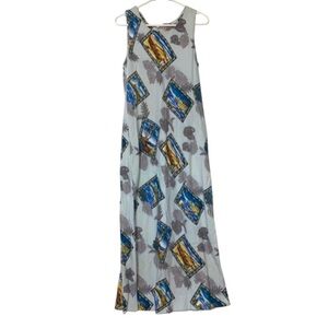 🌺🌺- Vintage Hilo Hattie sz LG Light Blue Grey Ocean & Palm Tree Print Maxi D…